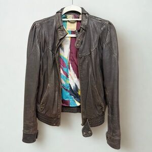 TED BAKER London Brown Leather Moto Jacket Womens Size 1 (XS/S)